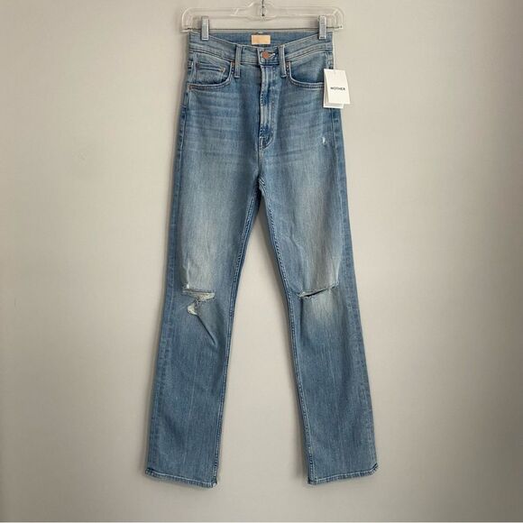 MOTHER High Waisted Rider Skimp Straight Leg Distressed Denim Jeans in Dreamer - Picture 3 of 12